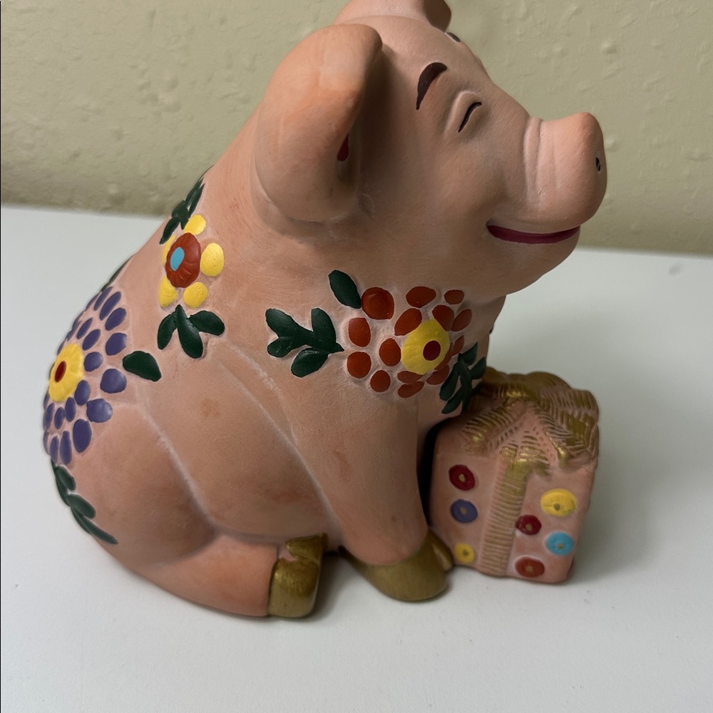 Pig Coin Bank Vintage Terra Cotta Smiling Pig Piggy Bank 1997 Devine Killip - Picture 3 of 9